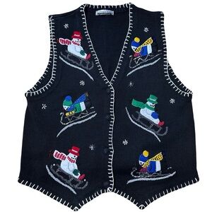 Vtg 90s Christmas Sweater Vest Black Snowman Sledding Embroidered Holiday Medium